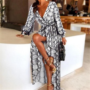 Sexy V-Neck Leopard Printed Long Sleeve Long Maxi Dresses Ladies Summer Snake Skin Print Party A-Line Dress